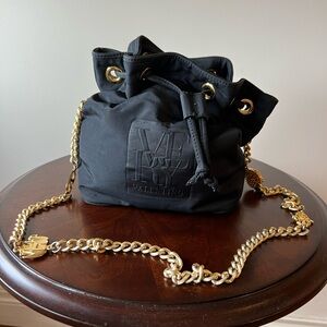 Vintage Valentino Black Nylon Drawstring Bucket Bag with Gold Chain Strap